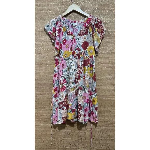 Umgee Pink Floral Dress V-Neck Flutter Sleeve Peasant Cottagecore Small Back Tie - Picture 3 of 9